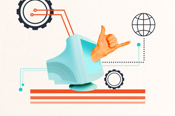 手势电话、电脑工作过程、数据分析、创业、奇幻广告牌漫画的合成拼贴图片图片下载