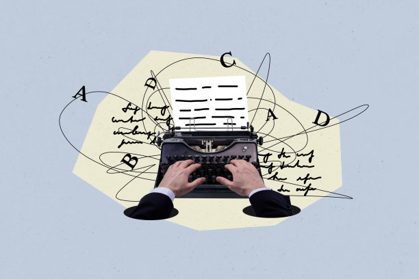 复合照片拼贴，展示手在打字机上按键，打印字母，创作小说，背景为涂鸦风格。图片下载
