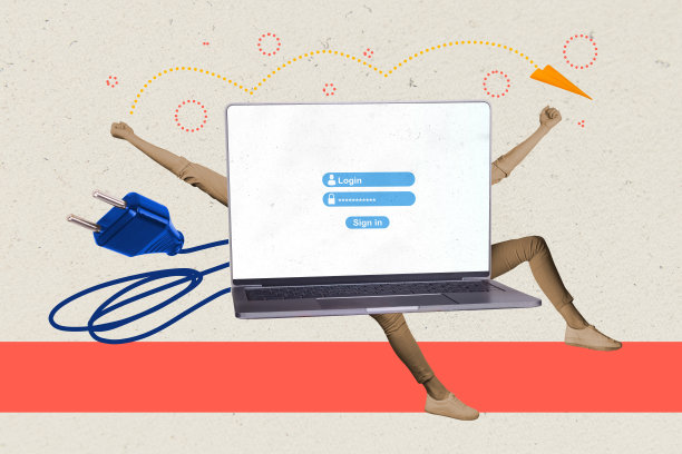 人类与MacBook设备屏幕的复合照片拼贴，显示个人数据、插头、电线和飞机，背景为涂鸦风格。图片下载