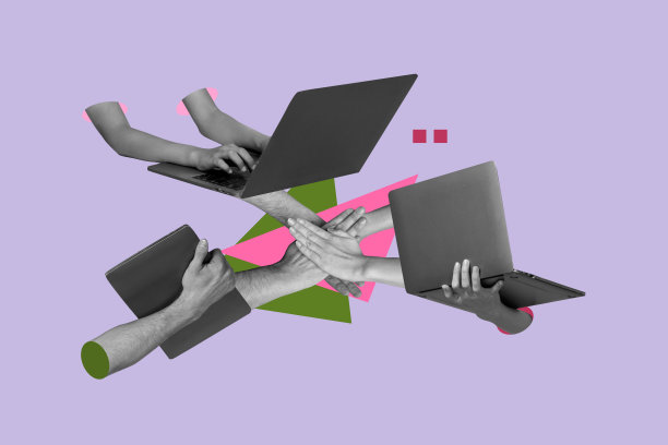 商务人士手握在一起的合成照片拼贴，象征团结、团队合作，远程办公，背景为涂鸦风格的隔离图像。图片下载