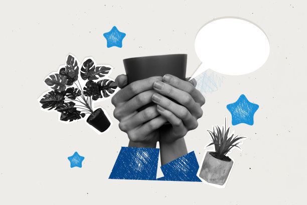 趋势艺术素描图像合成，3D照片拼贴，黑白剪影手握咖啡杯，气泡文本框思维云彩图片下载