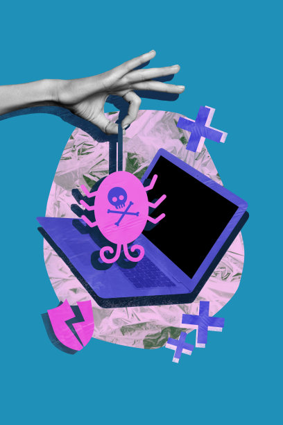 蓝色调的合成照片拼贴，黑白剪影中一个巨大的虫子手握着笔记本电脑，黑客窃取安全数据，突破防护，进行间谍活动。图片下载