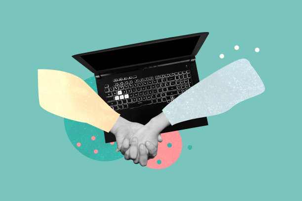 手握在一起的远距离爱情书信的拼贴照片，麦克风设备合作，孤立在涂鸦背景上。图片下载