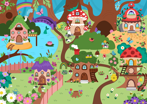 空旷的仙境背景矢量图。可爱的仙女土地景观。树木、树屋和动物的林地风景。幻想森林场景插图。魔法或童话世界的图片。图片下载
