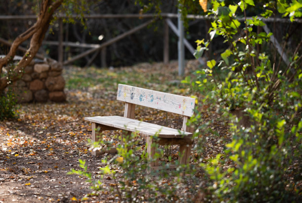 一张木长椅背面的照片，背景是绿色的草地和蓝天。图片下载