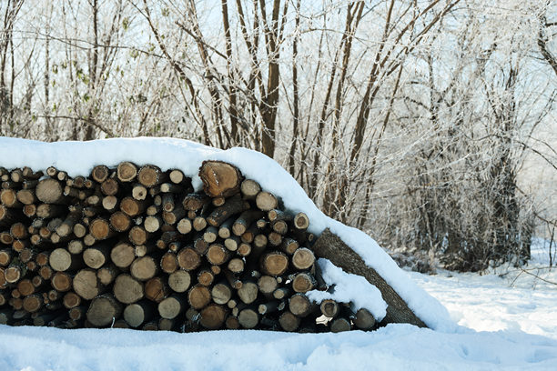 乡村冬季的照片，堆满雪的柴火准备为家庭取暖。图片下载