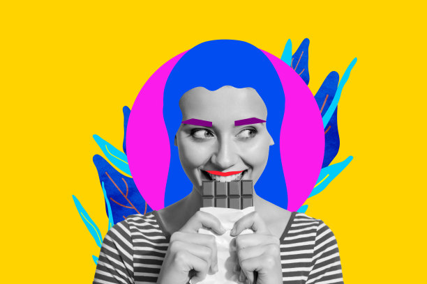 创意照片拼贴，兴奋快乐的女孩咬着巧克力棒，美味的食物，花卉背景，春天的花朵盛开。图片下载