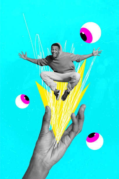 3D照片艺术图形拼贴画，展示一个有趣的人在青绿色背景上跳跃并享受乐趣。图片下载