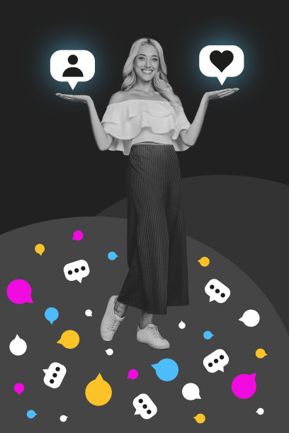 快乐的金发女孩手持类似“订阅”的云消息图标，背景为涂鸦风格的垂直照片拼贴。图片下载