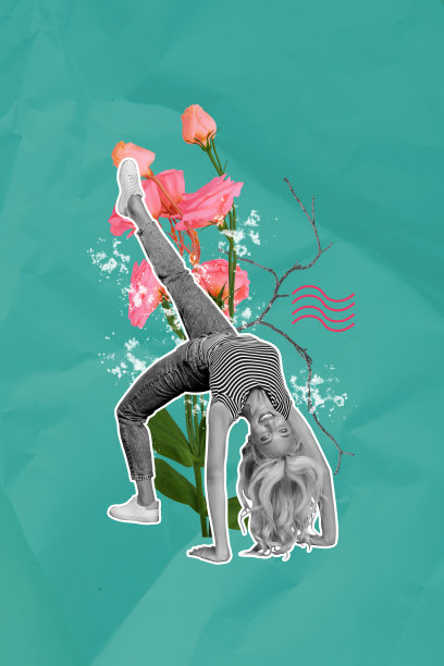 快乐女孩在花朵盛开的玫瑰树枝下做伸展柔韧姿势的垂直照片拼贴，背景为涂鸦风格。图片下载