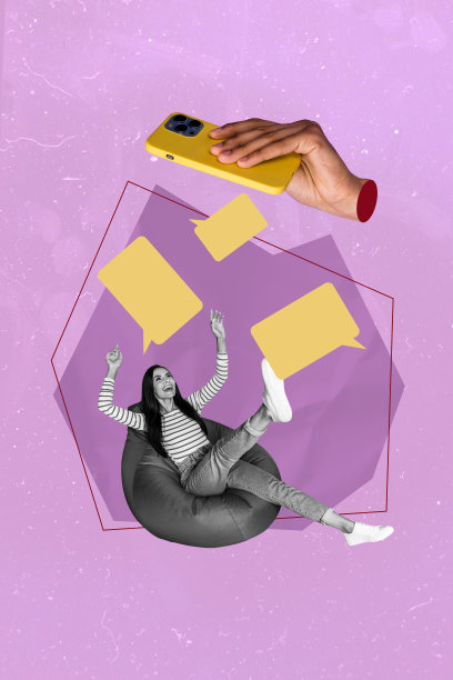 黑白色年轻女性坐在豆袋椅上，抬头看着智能手机，收到短信消息，博主影响者的照片拼贴艺术草图。图片下载