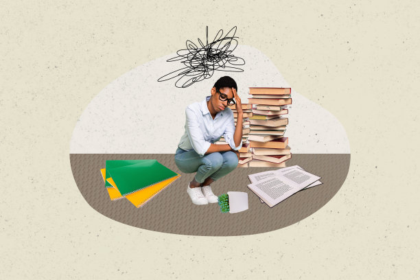 疲惫的年轻女学生坐在书本和文具旁，手捂着头，感到头痛，对教育感到厌倦的趋势照片拼贴。图片下载