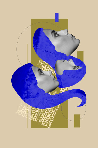 垂直照片拼贴，展示严肃女孩在发廊进行的护发程序，包含蓝色面膜、造型师和疗法，背景为涂鸦风格。图片下载