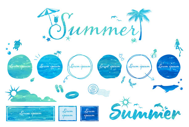 一套美丽的夏季假期设计素材，包括标签、标志和横幅。夏季海洋和沙滩的矢量插图。图片下载