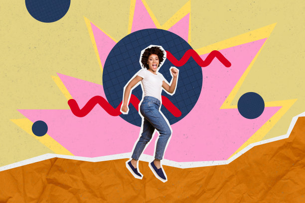 剪影活力年轻女性在户外慢跑的艺术合成照片拼贴，超现实背景下的生动天空和球体图片下载