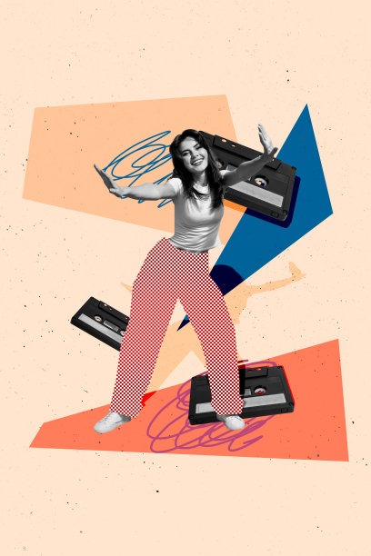 快乐女孩们在涂鸦背景下跳舞、听复古磁带录音机的竖版照片拼贴，展现音乐休闲的稀有瞬间。图片下载