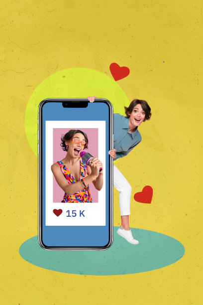 快乐女孩透过手机屏幕查看Instagram帖子，展示心形博客反应，受欢迎的垂直照片拼贴，背景为涂鸦风格。图片下载