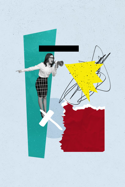 年轻愤怒的迷人女商人用扩音器大声喊出销售促销信息，创意竖向照片拼贴，配有涂鸦插图。图片下载