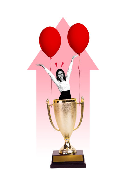 年轻女孩秘书晋升的垂直3D照片拼贴，向上箭头、金色奖杯、胜利、职业气球，背景为涂鸦风格。图片下载