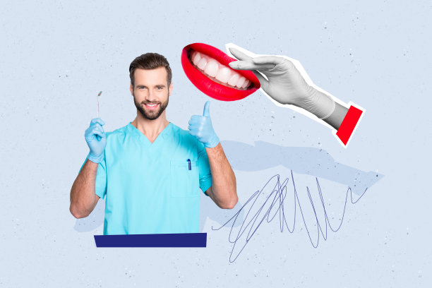 创意照片拼贴，年轻帅气的牙医竖起大拇指，背景是牙齿护理、美白和卡通画。图片下载