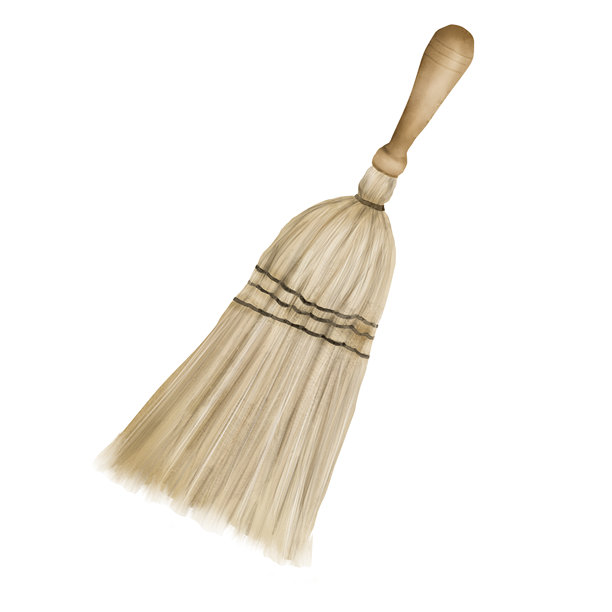 家用稻草扫帚清洁。水彩数字插图。短扫帚配有天然高粱刷，背景为白色。适用于家庭、花园和办公室的清洁工具。清洁服务。图片下载