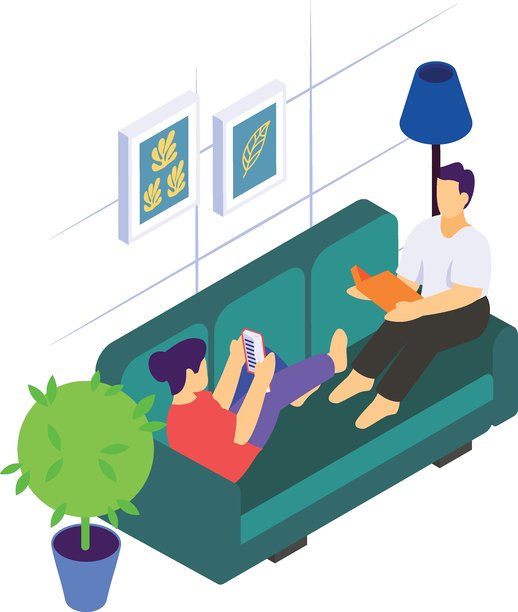 年轻情侣坐在同一沙发上阅读书籍的等距概念，分享空间的文学陪伴矢量设计，爱情浪漫横幅，情人节场景，人际关系插图图片下载