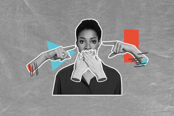 不快乐的美国女孩的拼贴照片，双手捂住嘴巴，耳朵紧闭，表现出对种族主义的反感和压力，背景为涂鸦风格。图片下载