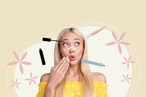 创意照片拼贴，年轻漂亮的女士美容护理，水疗沙龙护肤注射，素描背景图片下载