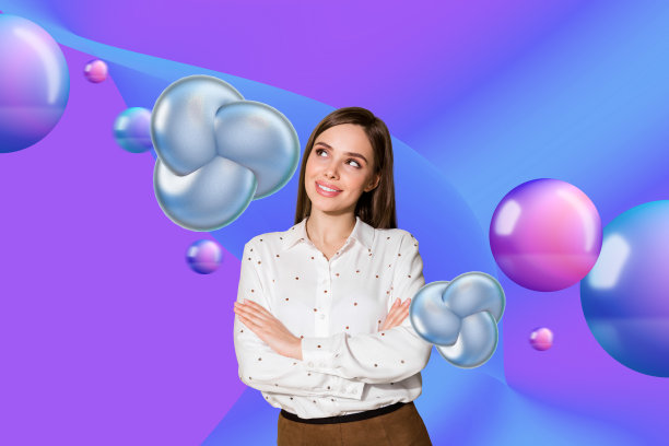 创意图片拼贴，年轻女性商业企业家，梦幻而深思的女孩，3D碎片人物绘画背景图片下载