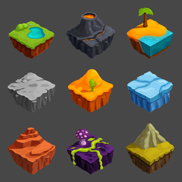 等距卡通岛屿风景游戏素材，矢量插图图片下载