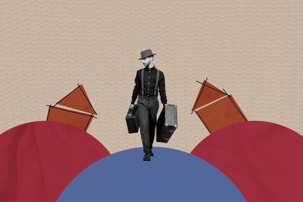 复合照片拼贴，男人手持行李，准备进行乌克兰战争撤离冒险旅行，租房，孤立在涂鸦背景上。图片下载