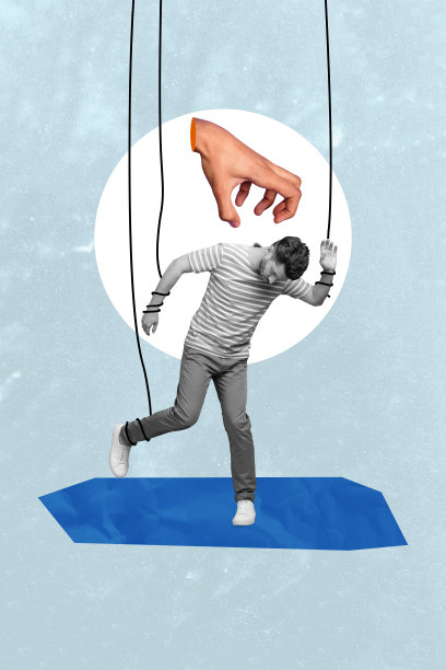 年轻男子操控权威的木偶，展现媒体控制下被洗脑的僵尸，手臂呈现人类特征的竖版照片拼贴。图片下载