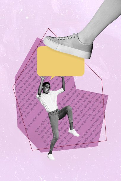 年轻害怕的女士的合成素描图像，3D照片拼贴，手上有巨大的云朵文本气泡，承受着大脚的压力，正在迈出一步。图片下载