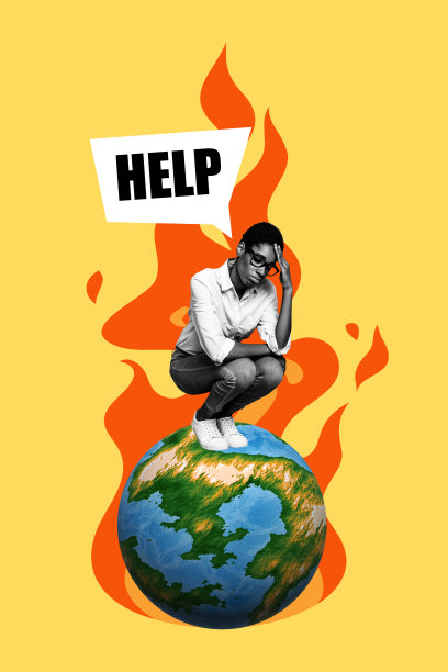 趋势艺术作品素描照片拼贴，年轻女士双手托着头，帮助地球全球自然，关注生态问题与环境保护。图片下载