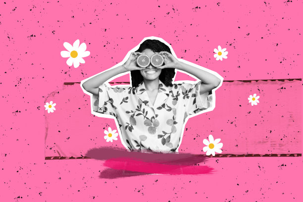 年轻美国女性手持橙色柑橘，眼睛被多汁的洋甘菊花朵替代，背景为涂鸦风格的画面拼贴照片。图片下载