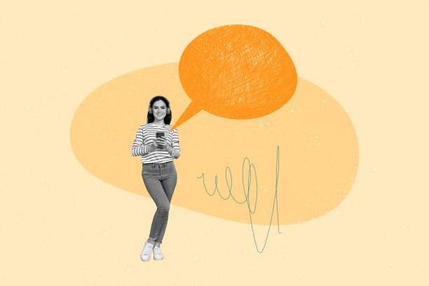 年轻女孩站立在照片拼贴中，使用智能手机耳机通过聊天应用进行交流的概念图片下载