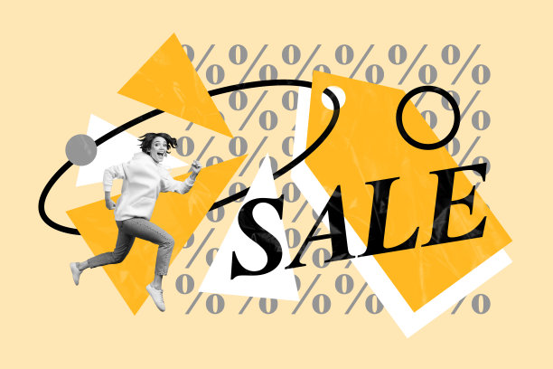 创意照片拼贴，奔跑的女孩，低价黑色星期五特惠，折扣标签，促销，消费主义，购物狂，快来抢购图片下载