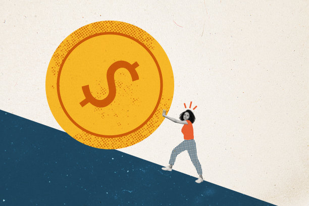 悲伤的美国女孩在涂鸦背景前，卷着巨大的硬币，感到沮丧、贫穷、破产、经济衰退和失败的问题的拼贴照片。图片下载