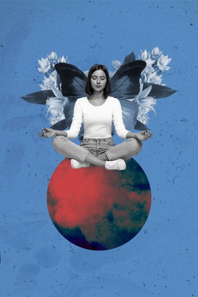 垂直照片拼贴，心灵平静的女孩在冥想瑜伽练习静修中，蝴蝶仙女翅膀与花朵，背景为涂鸦风格。图片下载