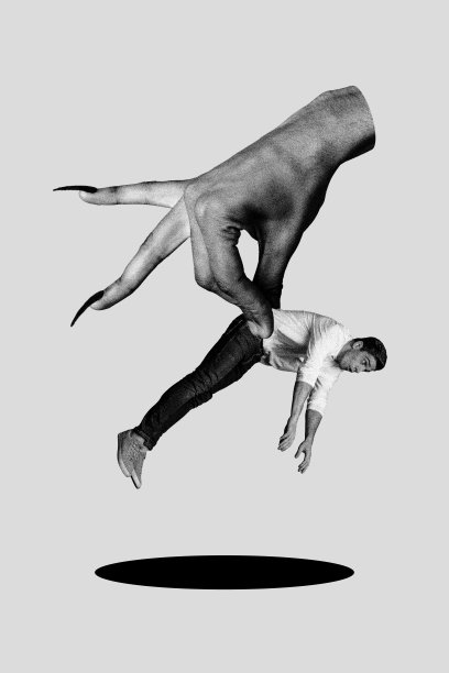 长指甲的女巫手握着一个受害者，进行恐怖的仪式，垂直照片拼贴，背景为涂鸦风格。图片下载