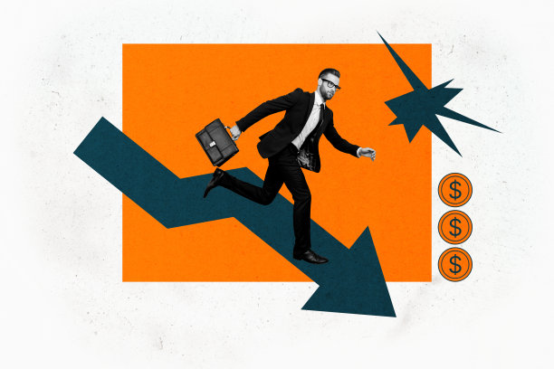 严肃男子的合成照片拼贴，手持公文包，箭头向下，象征破产、通货膨胀和失败，背景为涂鸦风格。图片下载