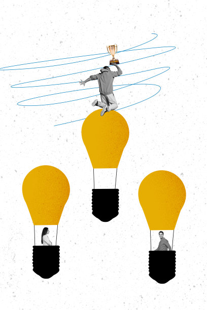 三种创意的复合趋势艺术草图，照片拼贴，展示像气球一样的灯泡升起，朋友们在比赛中赢得奖杯。图片下载