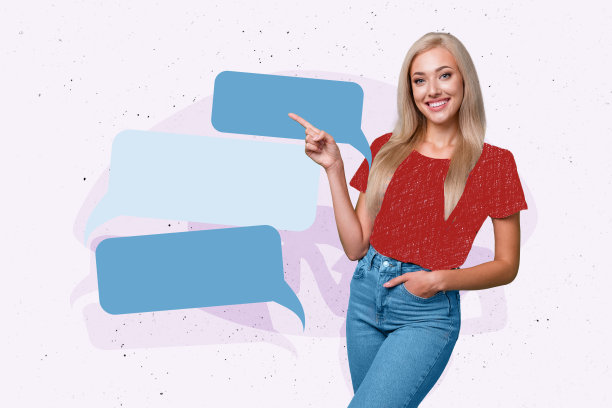 快乐女孩的合成照片拼贴，站在文本框旁，进行独白气泡信息交流，背景为涂鸦风格。图片下载