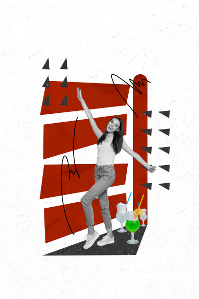 黑白剪影的3D照片拼贴，吸引人的年轻女士摆姿势，手持鸡尾酒，庆祝周五。图片下载