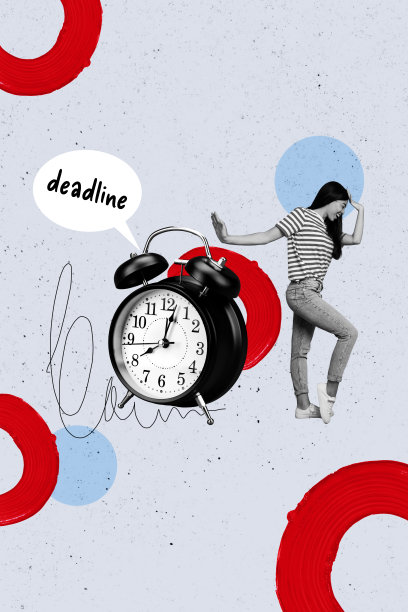 疯狂女孩手握巨大的闹钟，头顶有截止日期气泡文字，时间限制到期，竖版照片拼贴，背景为涂鸦风格。图片下载