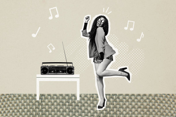 快乐的美国女孩在涂鸦背景下跳舞，音乐复古音响派对，音符旋律场合的拼贴照片合集图片下载