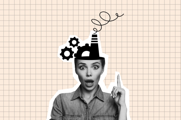 创意照片拼贴，年轻女孩惊讶且印象深刻，半边头部，生产环境，齿轮，成功的想法，聪明的解决方案图片下载