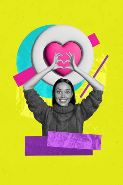 快乐漂亮的年轻女孩在涂鸦背景前做出心形手势，情人节问候明信片的竖版照片拼贴。图片下载