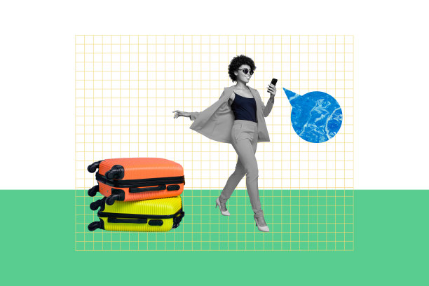 快乐的美国女孩手持iPhone、书籍、旅游票、度假行程、行李，背景为涂鸦风格的合成照片拼贴。图片下载