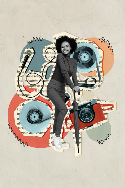 快乐的美国女孩手持雨伞，摆姿势拍照，麦克风线缆，复古风格，独立于涂鸦背景的竖版照片拼贴。图片下载